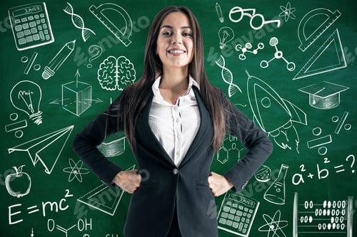 Preview: Happy Young European Businesswoman On Chalkboard Background With Educational Sketch. Graduation And