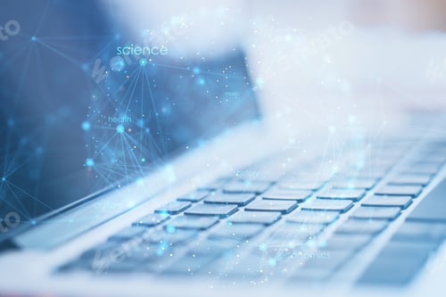 Preview: Close Up Of Laptop With Creative Digital Linear Sphere On Blurry Background. Global Network And