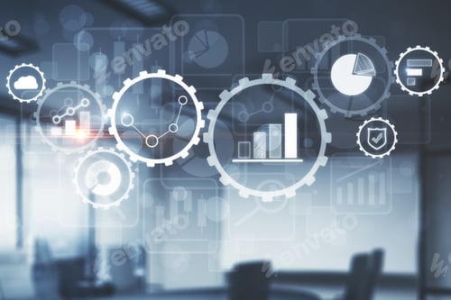 Preview: Creative Business Cogwheel Interface On Blurry Office Interior Background. Technology And Finance