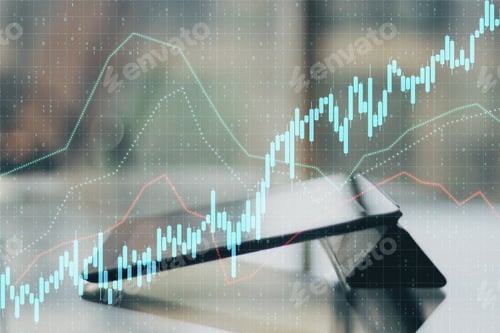 Preview: Close Up Of Tablet On Desktop With Reflections And Abstract Forex Chart Hologram. Analytics And