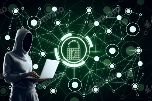 Preview: Hacker Using Laptop With Creative Glowing Digital Padlock Network On Green Background. Safety And