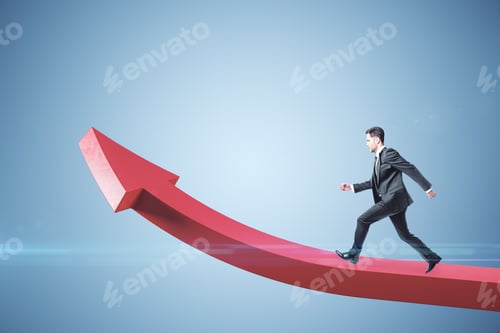 Preview: Businessman Runing On Red Arrow On Blue Background. Growth And Career Development Concept