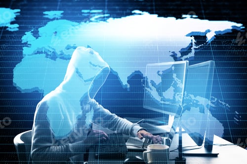 Preview: Hacker Using Computer With Creative Glowing World Map. Hacking And Malware Concept.