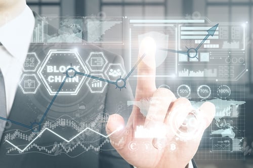 Preview: Businessman Hand Pointing At Glowing Business Interface On Blurry Interior Background. Media And
