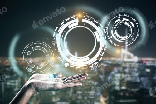 Preview: Hand Holding Abstract Digital Interface On Night City Background. Communication Concept. Double