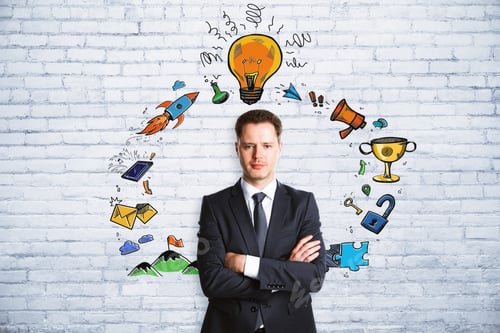 Preview: Presentation And Infographic Concept. Portrait Of Handsome European Businessman Standing On Brick