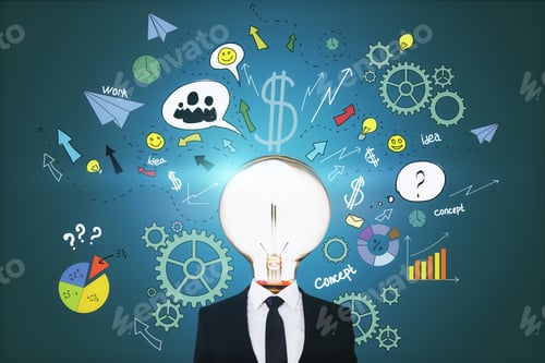 Preview: Brainstorming And Idea Concept With Light Glowing Light Bulb Instead Of Head On Man Body And