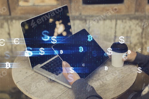 Preview: Hands Using Tablet And Laptop Placed On Desktop With Coffe Cup Glowing Money Signs. Cryptocurrency