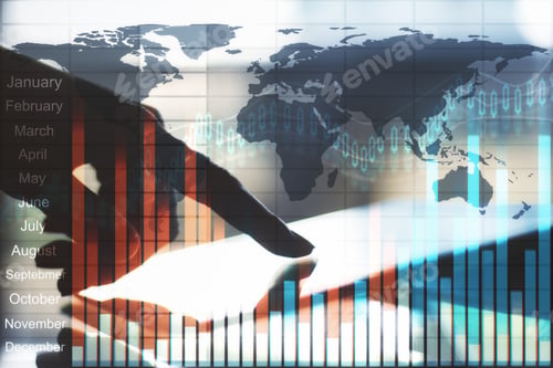 Preview: Hands Using Device On Blurry Background With Forex Chart. Technology, Trade And Analysis Concept