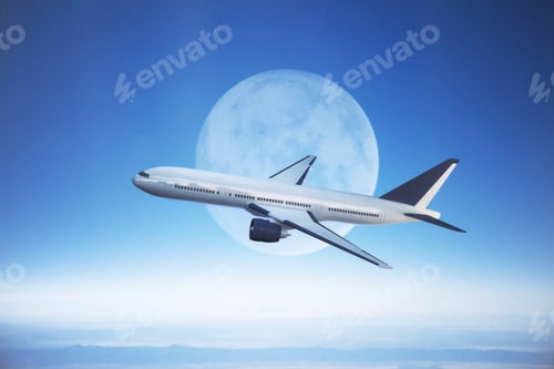 Preview: Passenger Airplane Flying In Blue Sky On Moon Background. Travel And Vacation Concept