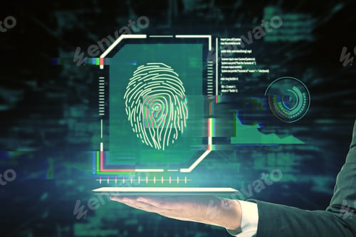 Preview: Close Up Of Hand Holding Tablet With Creative Glowing Blue Fingerprint Scanner Interface On Dark