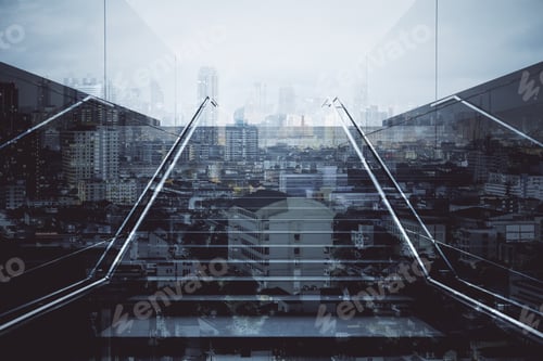 Preview: Front View Of Staircase On Abstract City Background. Success Concept. Double Exposure