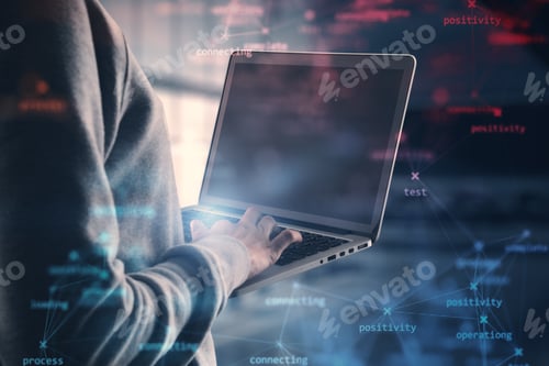 Preview: Close Up Of Hacker Hand Using Mock Up Screen Laptop With Creative Process Stages Mesh On Blurry