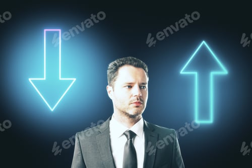 Preview: Businessman Two Neon Arrow On Blue Background. Business And Challenge Concept. Mock Up.