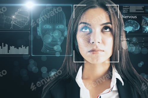 Preview: Portrait Of Attractive Young European Businesswoman With Abstract Face Interface On Blurry