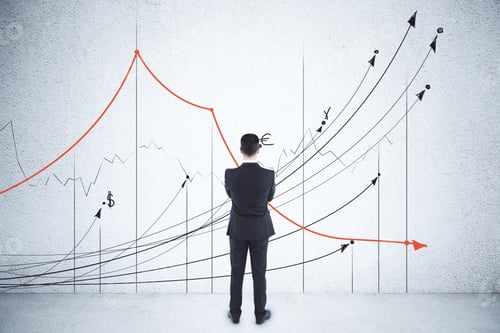 Preview: Businessman Looking On Drawing Business Charts And Stock Arrow On Wall. Success And Startup Concept.