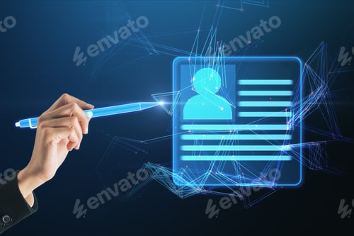 Preview: Close Up Of Businesswoman Hand Using Digital Pencil Hologram To Draw Polygonal Online Document On