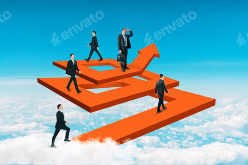 Preview: Businesspeople On Abstract Maze Arrow. Teamwork And Career Concept. 3D Rendering