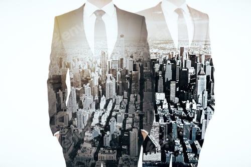 Preview: Two Businesspeople Bodies In Suits On Abstract City Background. Double Exposure