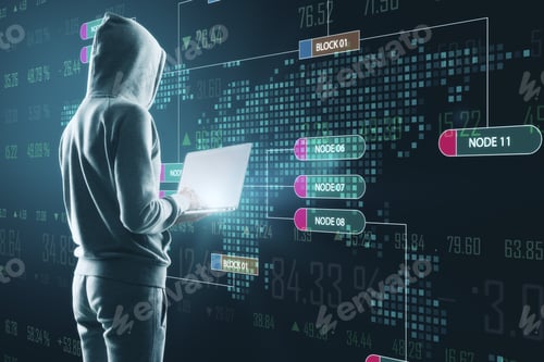 Preview: Hacker Using Laptop With Glowing Big Data Interface. Malware And Futuristic Concept. Multiexposure