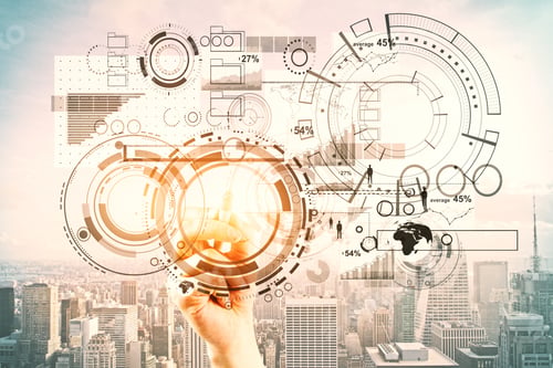 Preview: Businessman Drawing Abstract Digital Business Projection On Bright City Background. Network