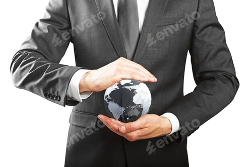 Preview: Closeup Of Businessman Hands Holding Small Terrestrial Globe On White Background. Eco Friendly
