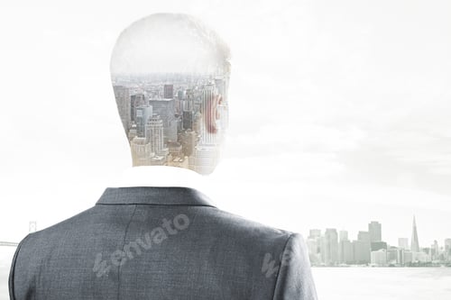 Preview: Back View Of Thoughtful Businessman On City Background With Copy Space. Research Concept. Double