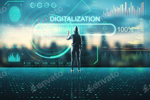Preview: World Digitalization Concept With Man In Sport Suit And His Hand On Touch Screen With Stats Data