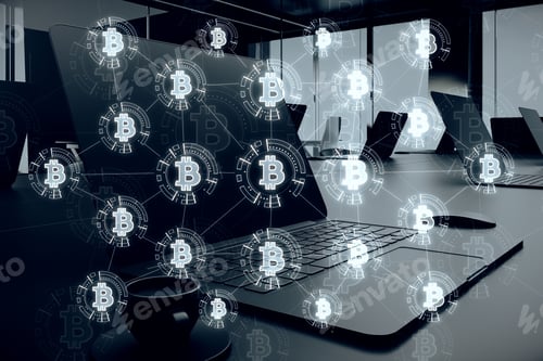 Preview: Close Up Of Laptop On Desktop With Glowing Bitcoin Hologram. E-Commerce And Cryptocurrency Concept