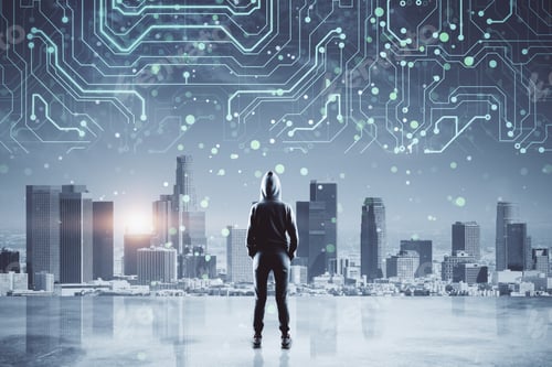 Vista previa: Back View Of Hacker Looking At Blurry New York City Background With Circuit. Technology And Hacking