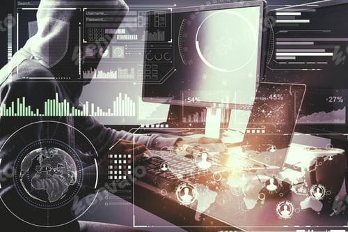 Preview: Hacker With Digital Business Interface. Hacking And Virus Concept. Double Exposure