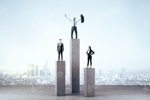 Preview: Happy Businesspeople Standing On Concrete Column On City Background. Research And Business Concept.
