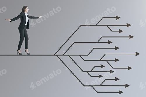 Preview: Young Businessman Walking On Abstract Digital Arrows On Gray Background. Business And Challenge