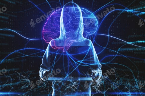 Preview: Hacker Using Laptop With Digital Brain Hologram On Blurry Background. Big Data And Virus Concept