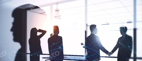 Preview: Businessmen And Women Working Together In Abstract Bright Wide Office. Teamwork And Finance