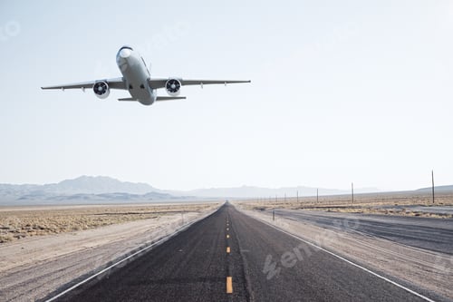 Preview: Road With Taking Off Airplane. Travel And Vacation Concept