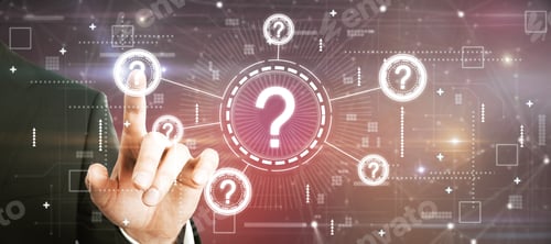 Preview: Businessman Hand Pointing At Creative Digital Questions Interface On Pink Background. Education