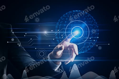 Preview: Close Up Of Business Man Hand Pointing At Abstract Glowing Polygonal Sphere And Digital Business