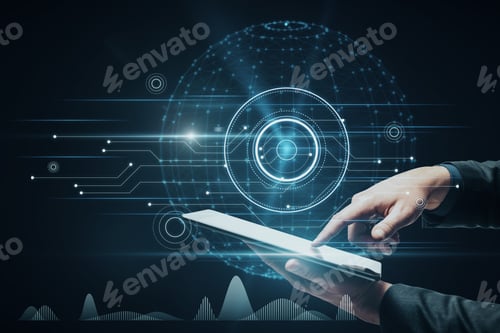 Preview: Close Up Of Businessman Hand Pointing At Tablet With Abstract Glowing Polygonal Sphere And Digital