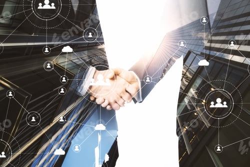 Preview: Businessmen Shaking Hands With Network Cloud Hologram On City Background. Business And Teamwork