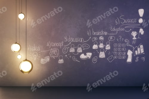 Preview: Concrete Interior With Business Drawing On Wall And Lamps. Presentation And Finance Concept