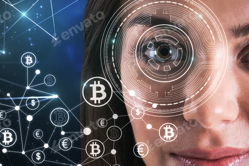 Preview: Portrait Of Young Businesswoman Face With Digital Business Interface. Face Recognition And Bitcoin