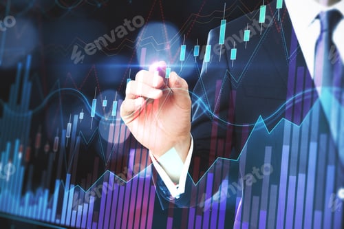 Preview: Businessman Hand Using Glowing Forex Screen On Bokeh Background With Candlestick Chart. Finance And