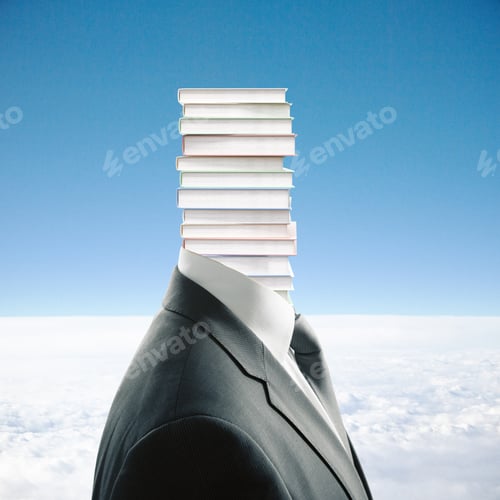 Preview: Book Pile Headed Businessman In Suit On Sky Background. Education Concept