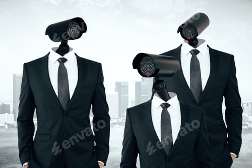Preview: Three Businesspeople In Suits With Cctv Cameras Instead Of Heads On Abstract City Background