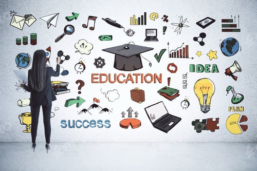 Preview: Back View Of Young Businesswoman Drawing Business Sketch On Wall Of Concrete Interior. Education