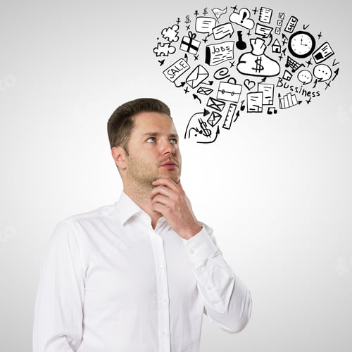 Preview: Portrait Of Thoughtful Young Businessman With Creative Business Sketch On Light Background. Success