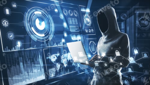 Preview: No Face Hacker With Laptop And Abstract Cyberspace Digital Screen With Multimedia Icons