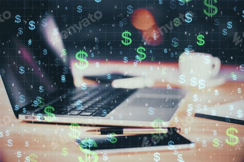 Preview: Side View Of Laptop, Smartphone And Coffee Cup With Glowing Digital Dollar Signs On Blurry Desktop