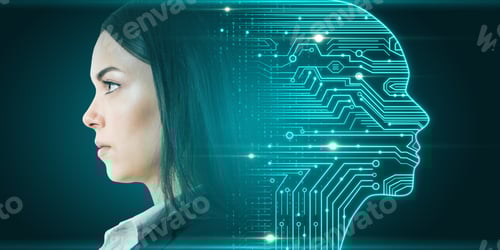 Preview: Side Portrait Of Attractive Young European Businesswoman With Digital Head Outline, Circuit And